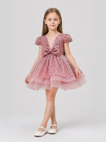 Girls' Sequin Party Dress with Bow for Birthdays Costume Dresses detail