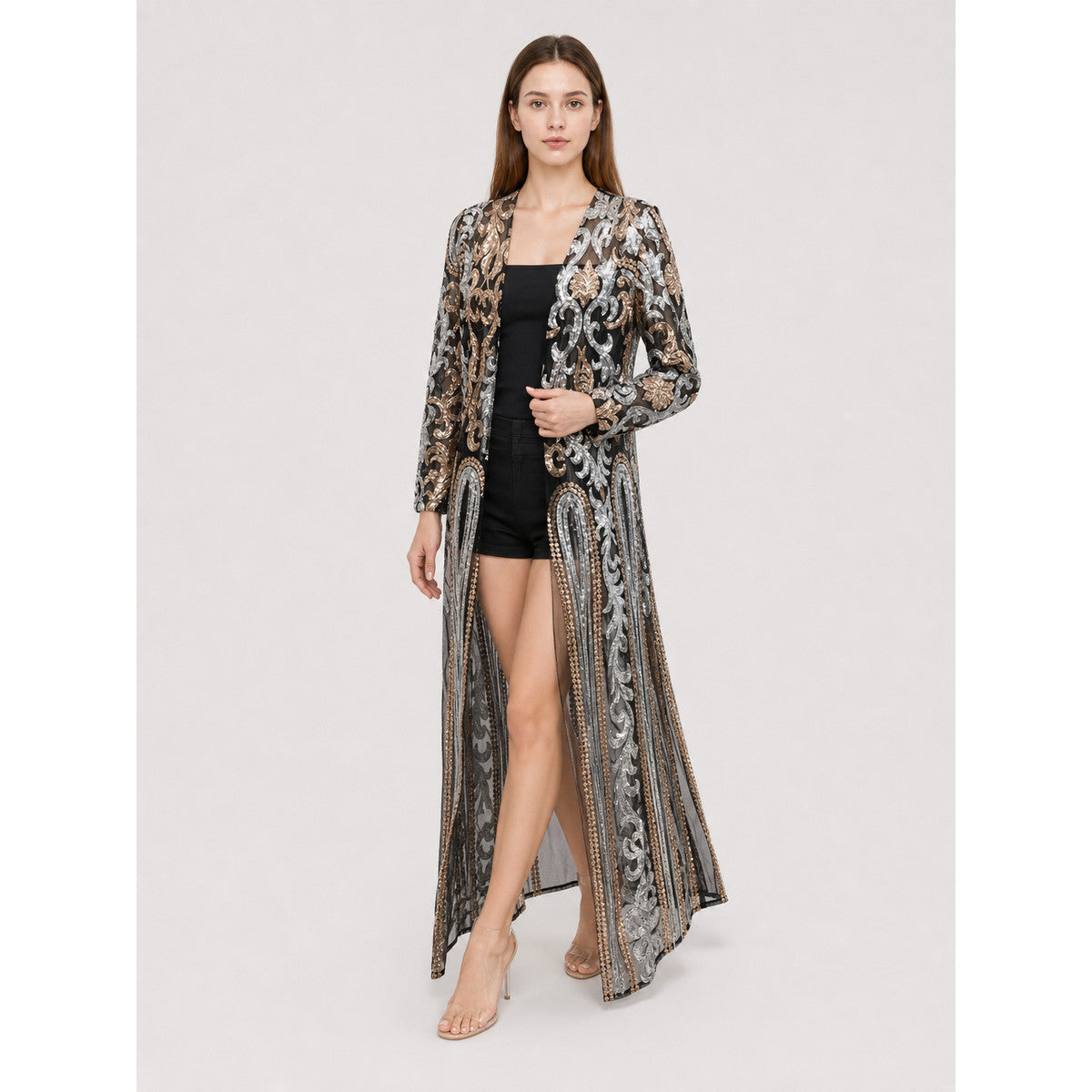 Long Cape with Baroque Sequin Embroidery