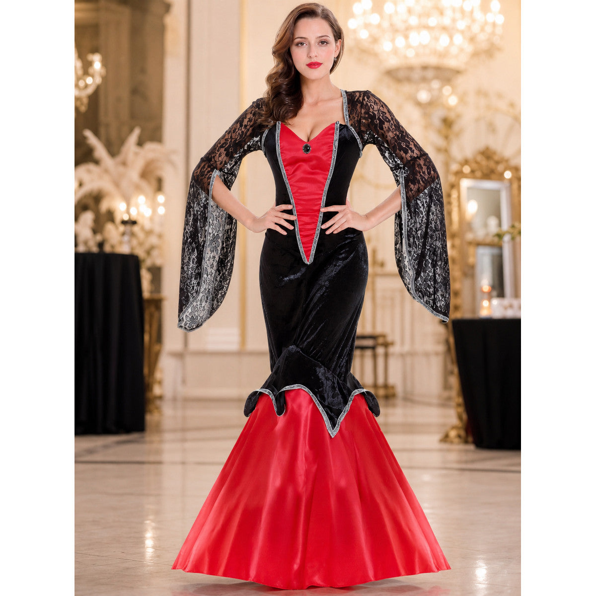 Retro Palace-Style Dress with Lace Sleeves