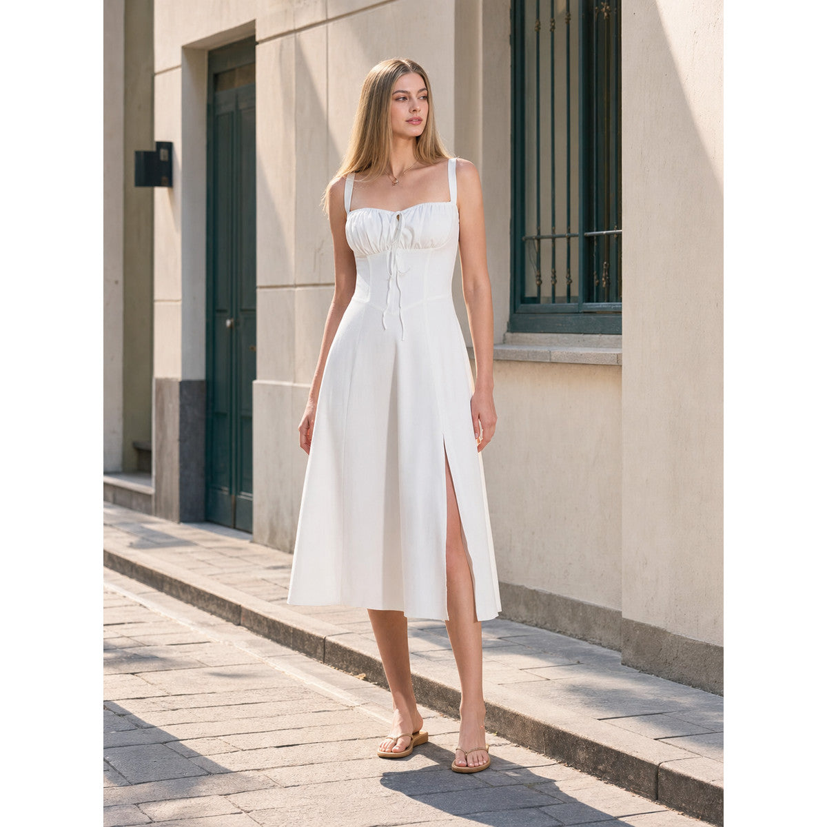 Women's White Midi Dress with Thin Straps and a Side Slit