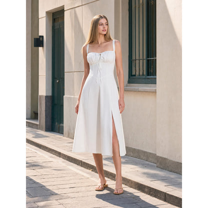 Women's White Midi Dress with Thin Straps and a Side Slit