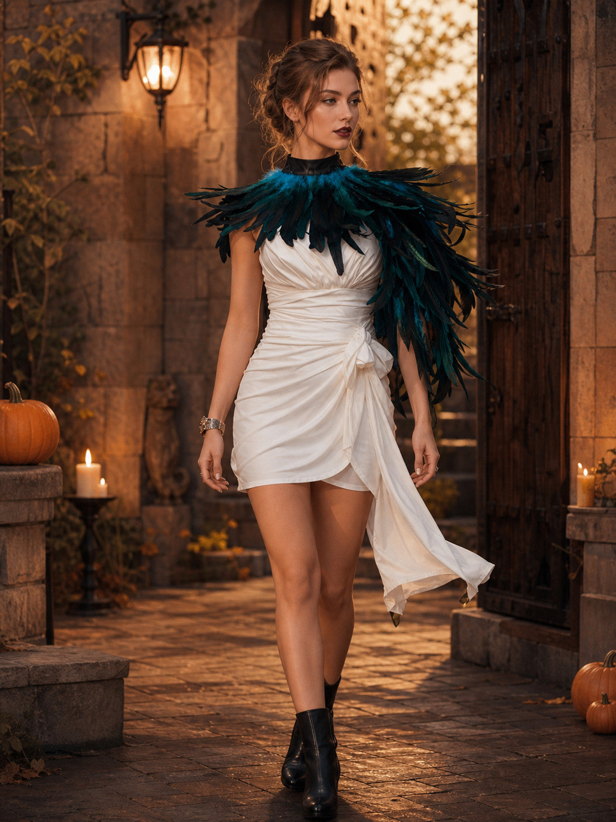 Asymmetrical feather cape in teal, dark blue, and black shown from the front on a model