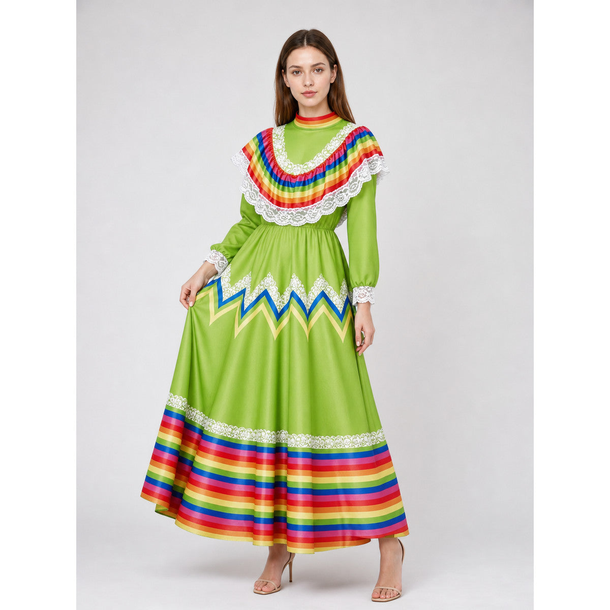 Bright folk dress with a full skirt and lace on-model front view