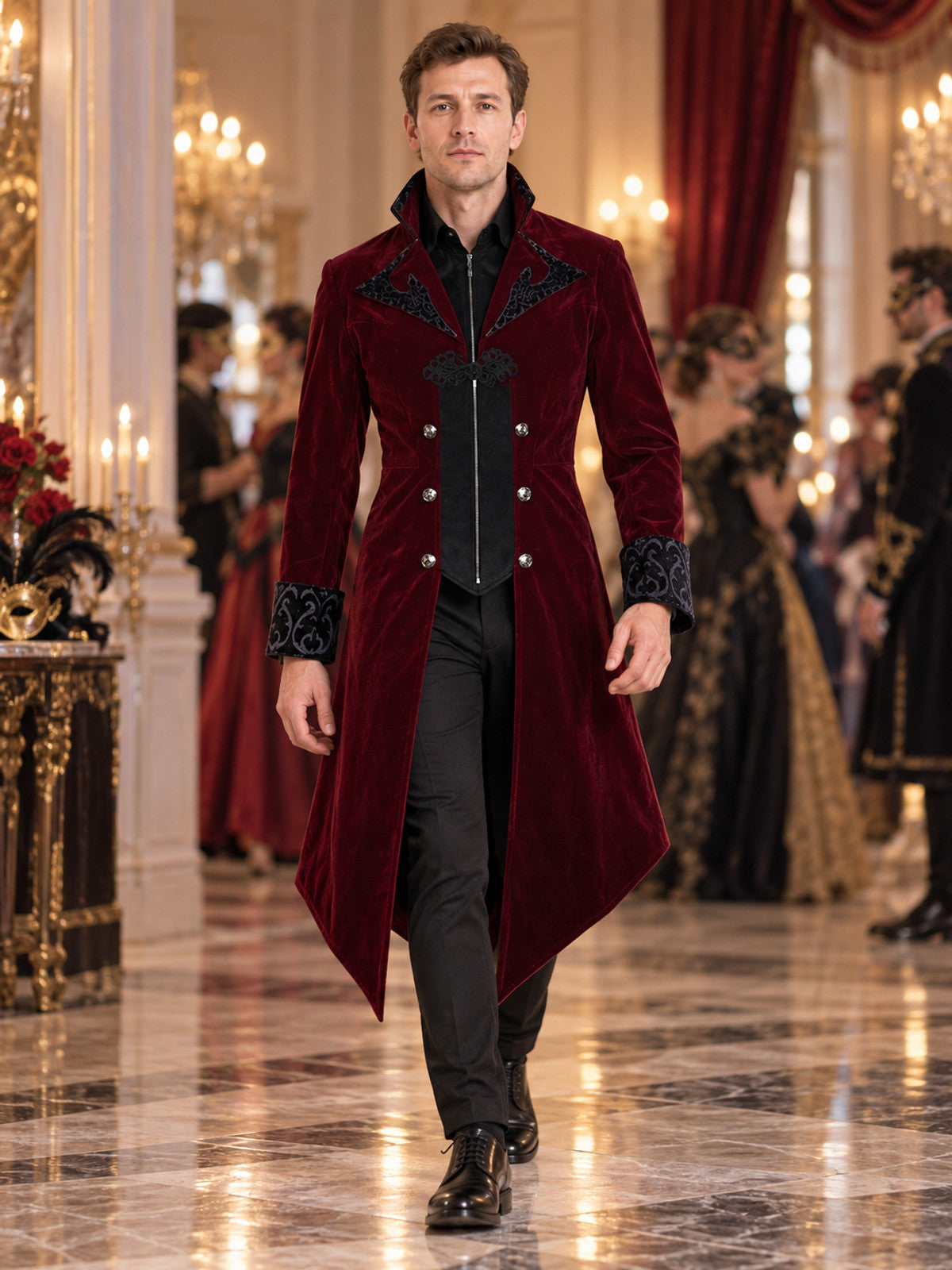 Burgundy tailcoat with a high collar and black embroidery