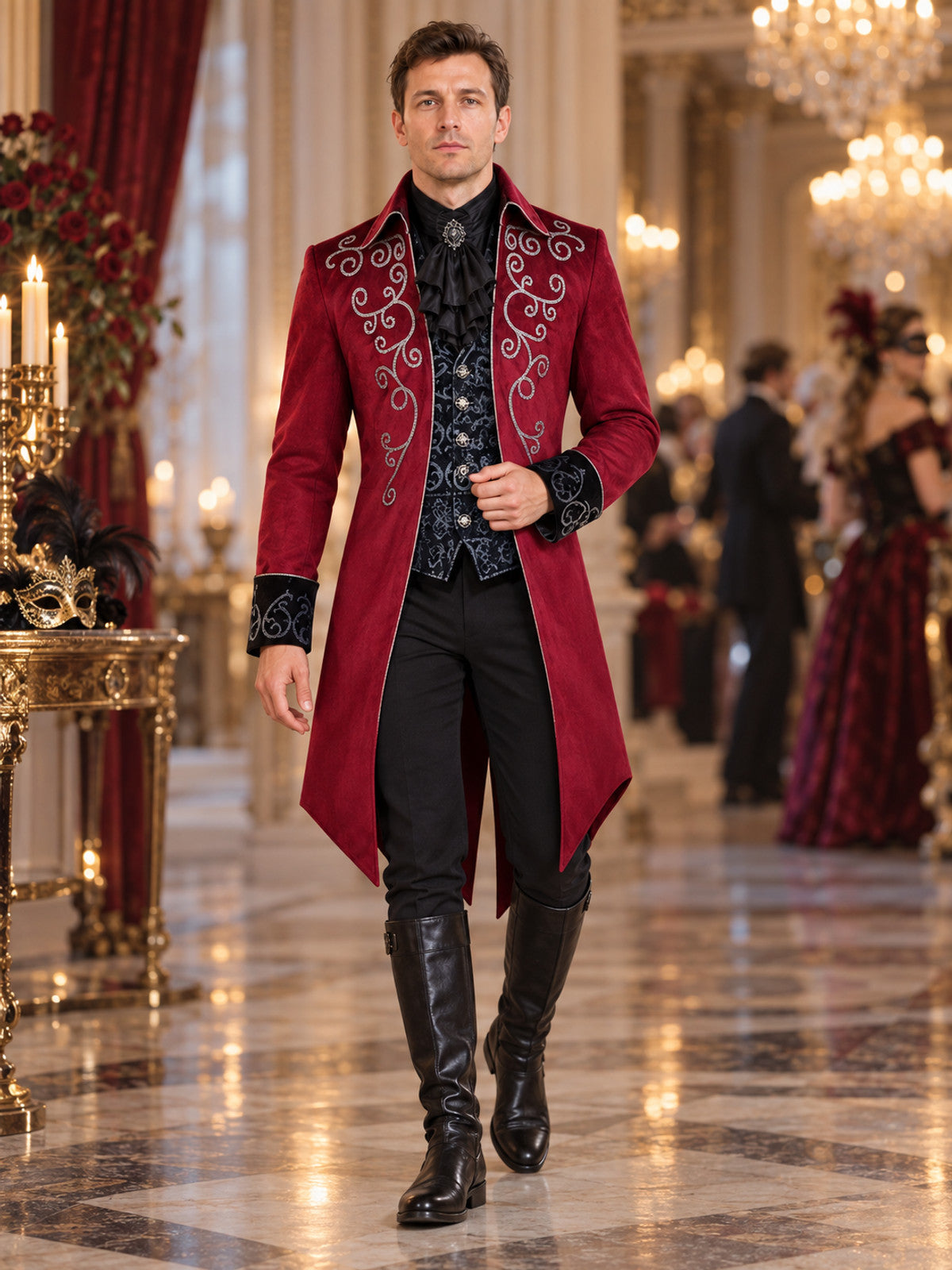 Burgundy and Black Carnival Tailcoat with Silver Embroidery