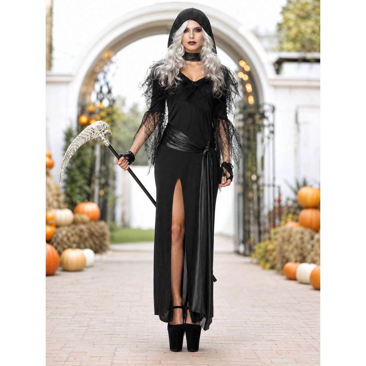 Gothic Vampire Costume with Hood and Gloves lifestyle