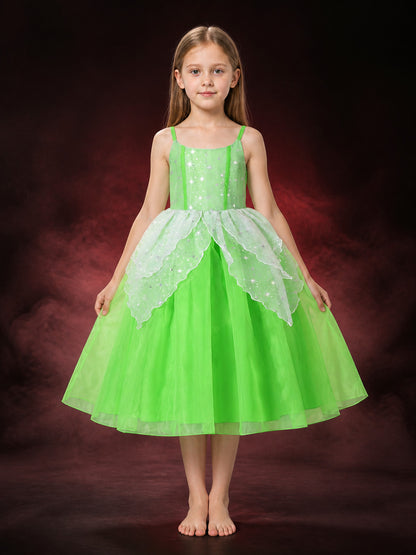 Girls' Green Princess Costume Dress, Sequin Stars, Ruffle Trim and Tulle Skirt main product view