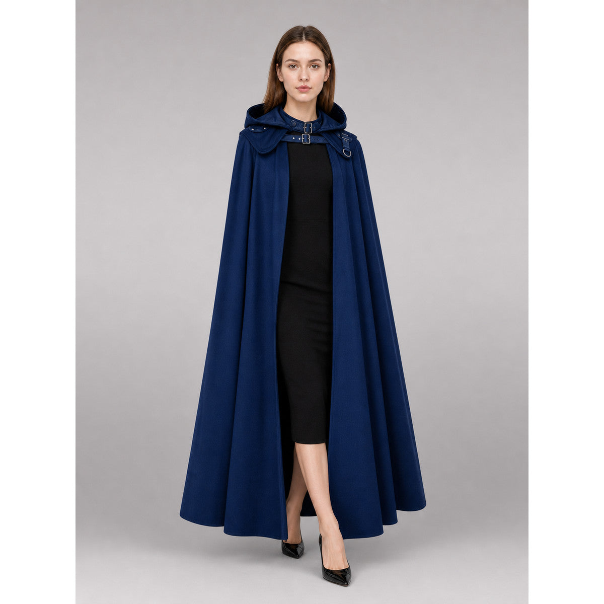Black and blue hooded costume cape