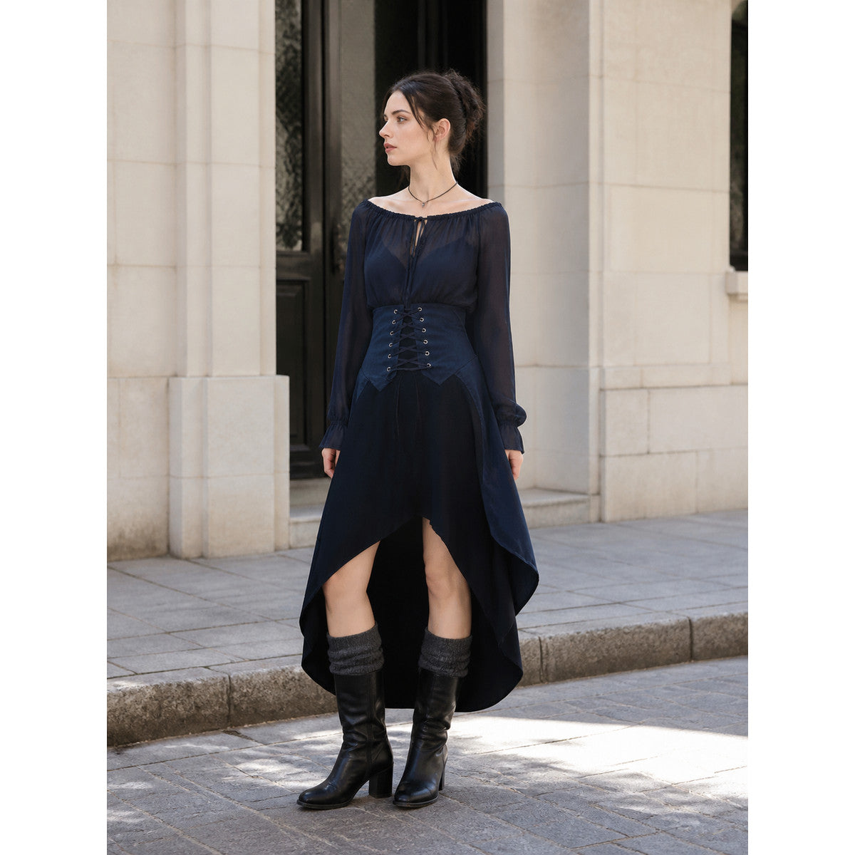 Navy Cape with a High Collar and Lacing