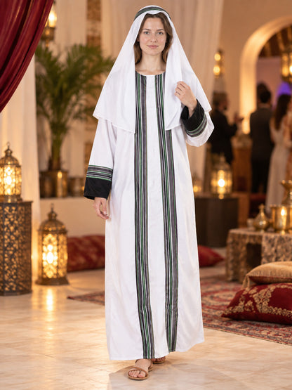 White Striped Arab Warrior Costume with Headscarf