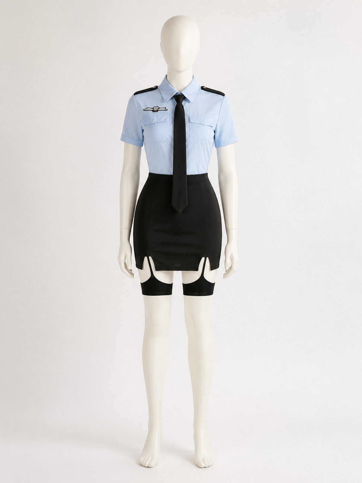 Women's Police Officer Cosplay Costume Set, Light Blue Top with Black Tie and