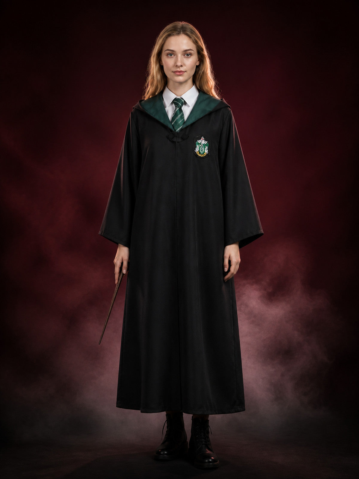 Slytherin Wizard Robe and Tie Costume Set with Hooded Cloak main product view
