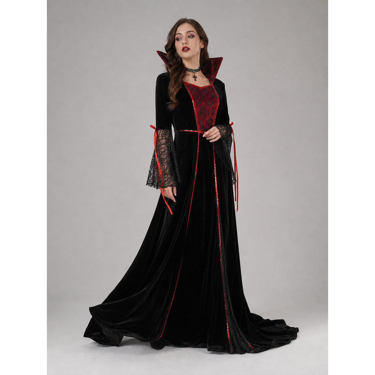Gothic Cosplay Dress Costume with Choker on-model front view 2