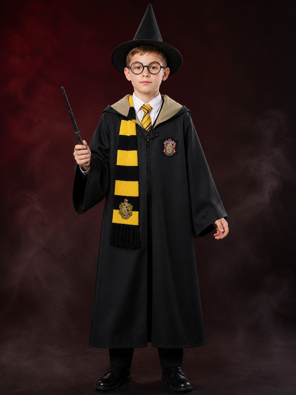 Kids' Wizard Costume Set, Black & Gold Robe with Hat, Scarf, Glasses and Wand main product view