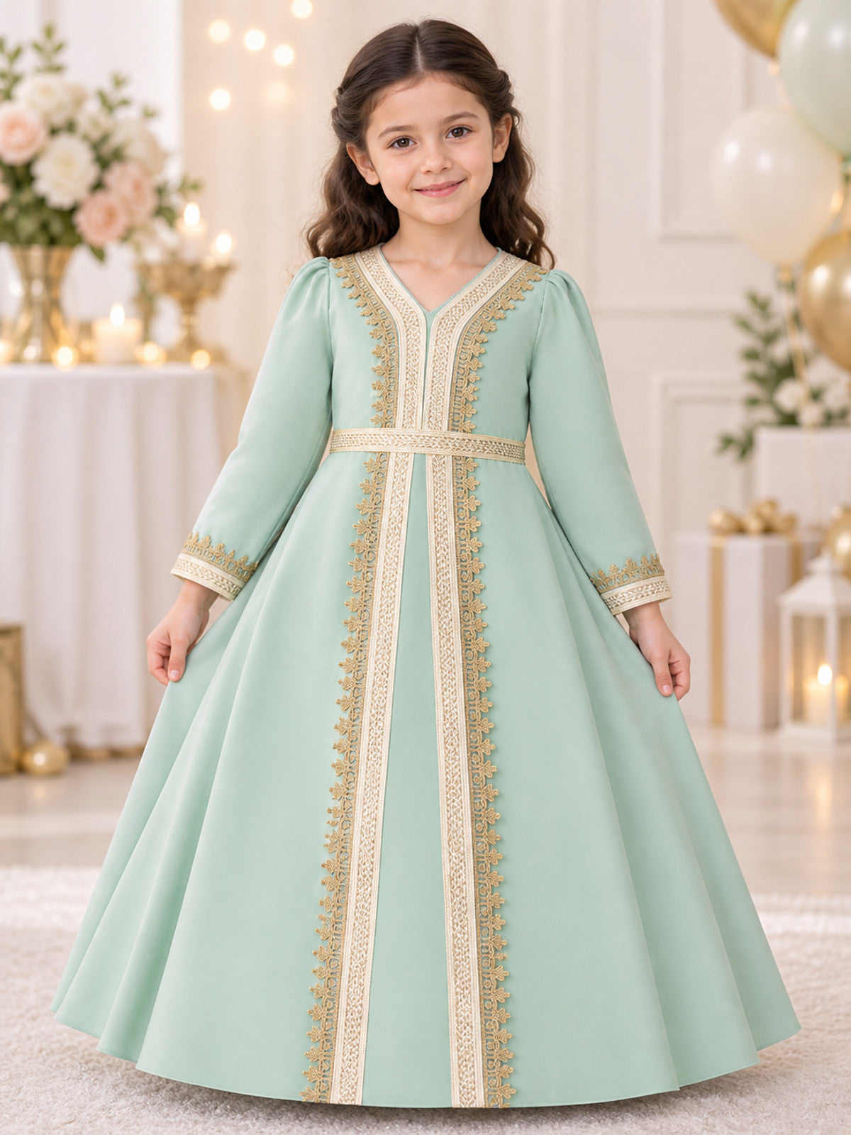Girls' Dressy Long-Sleeve Dress with Embroidery