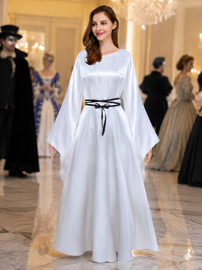 Floor-Length White Dress with Black Ribbon and Wide Sleeves lifestyle view