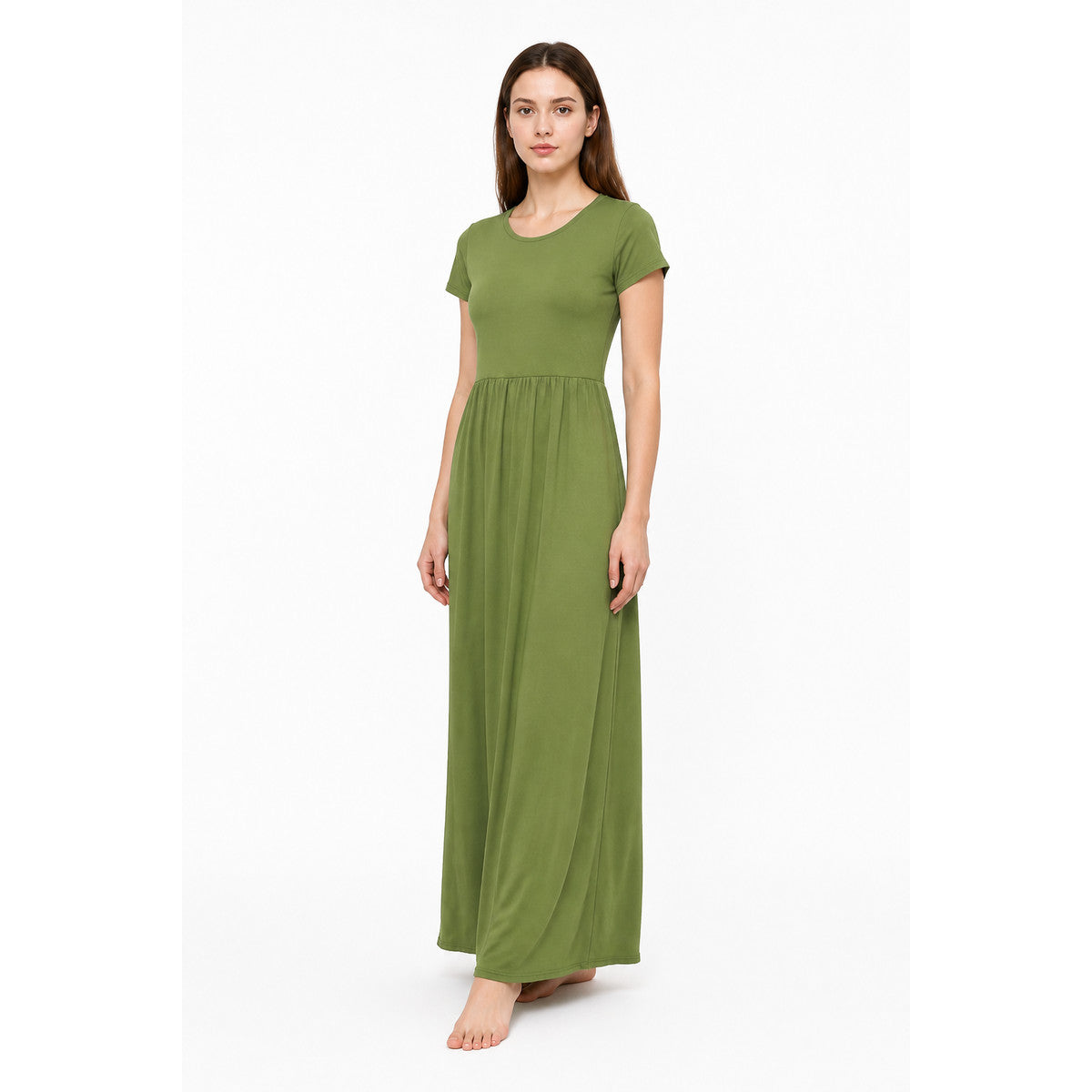 Olive Dress with Short Sleeves and Gathering at the Waist Costume Dresses detail