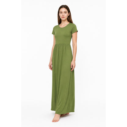 Olive Dress with Short Sleeves and Gathering at the Waist Costume Dresses detail