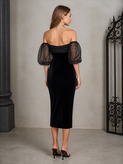 Black Off-Shoulder Dress with Long Puff Sleeves, Shiny Texture, Fitted
