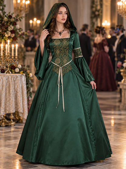 Green Gothic-Style Dress with Hood and Lacing
