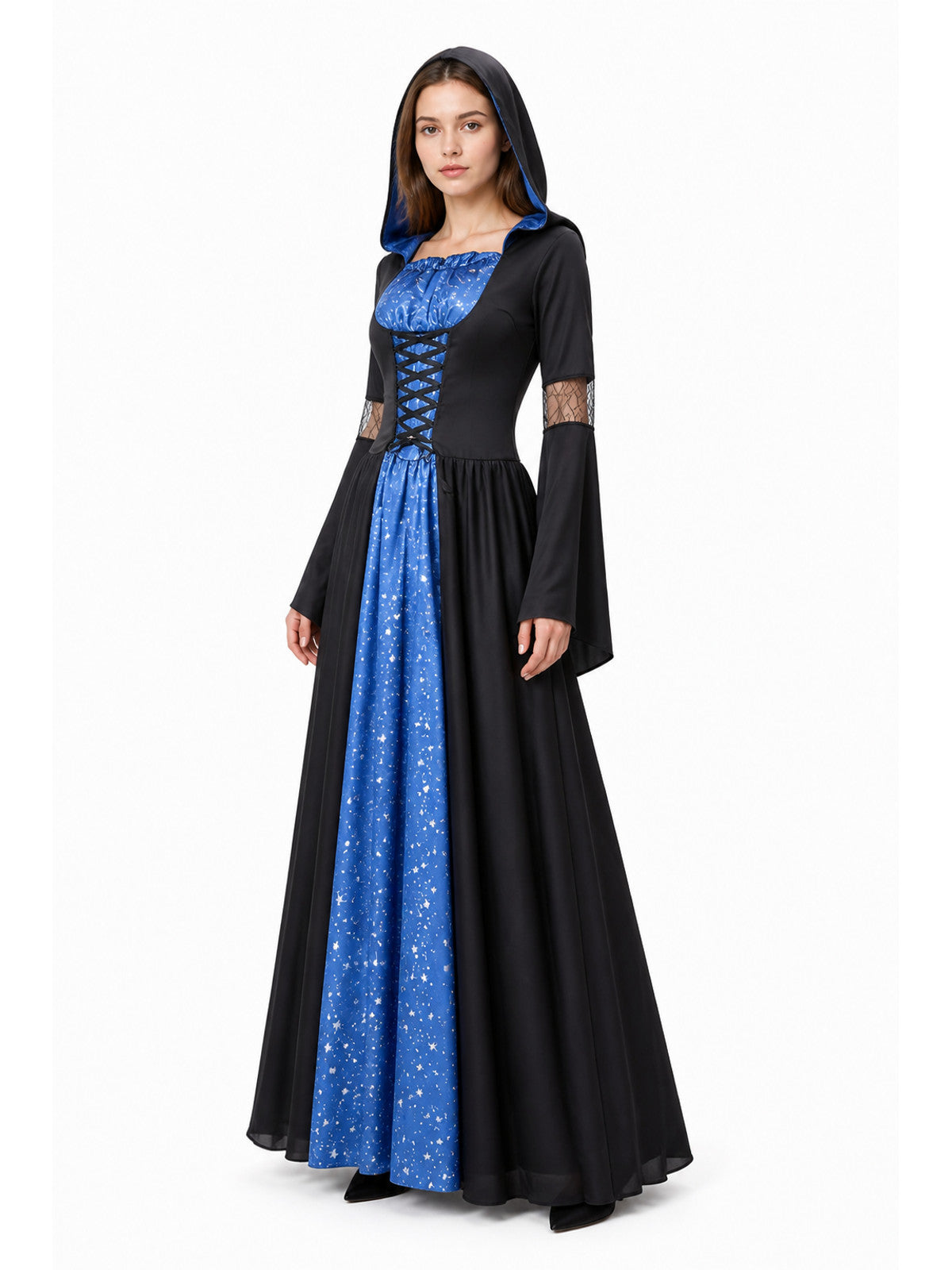 Long Hooded Dress with Stars and Crisscross Lacing
