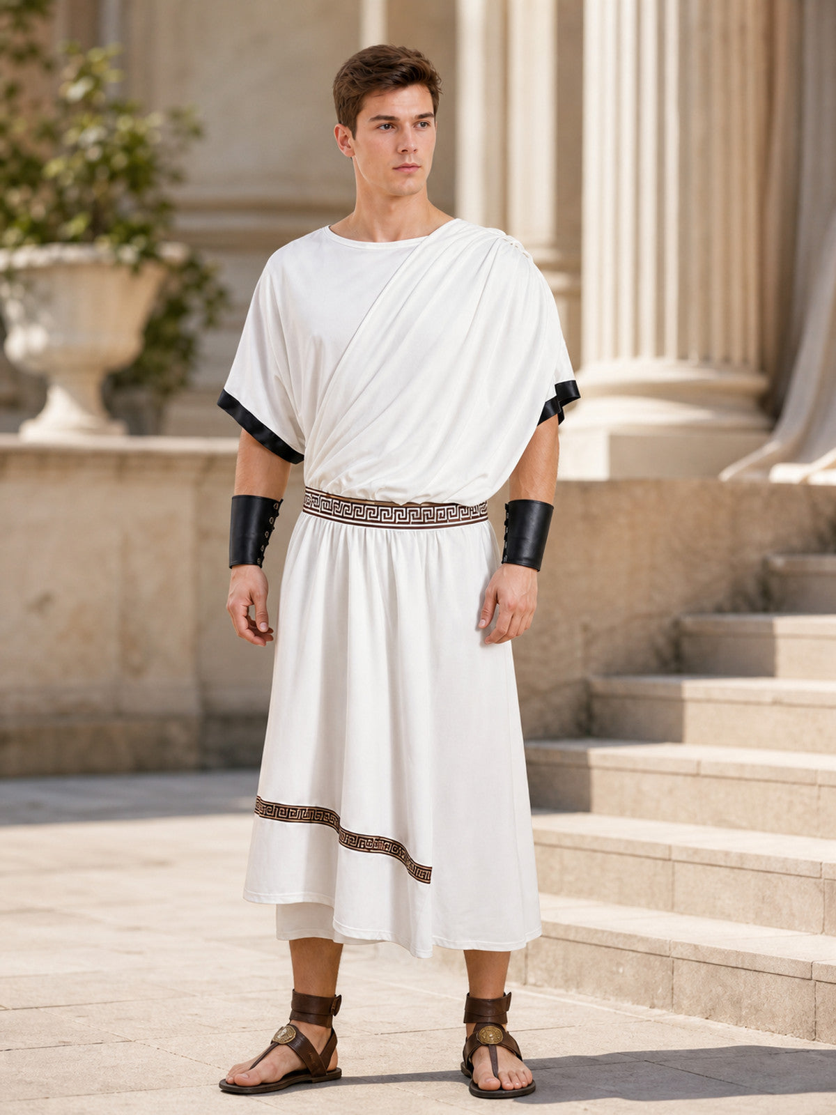 White draped tunic shown full-body on a model outdoors, with black sleeve edging, patterned belt, brown hem trim, wrist cuffs, and sandals