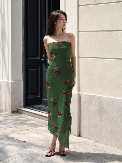 Women's Long Strapless Dress with Floral Print Costume Dresses detail