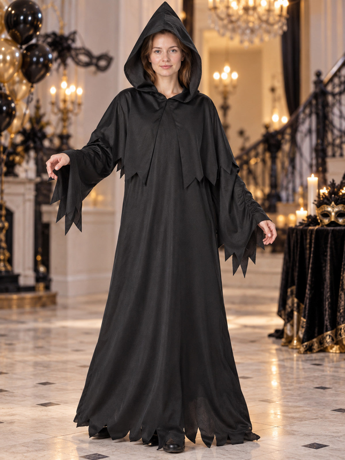 Black Grim Reaper Costume with Hood and Cape