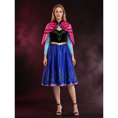 Women's Princess Costume Set, Blue Embroidered Dress with Pink Cape and Gold lifestyle