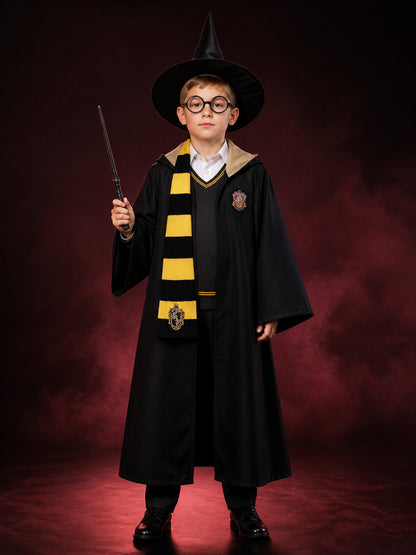 Kids Wizard Costume Set With Hooded Cloak, Hat, Scarf, Glasses, Vest, Shirt And