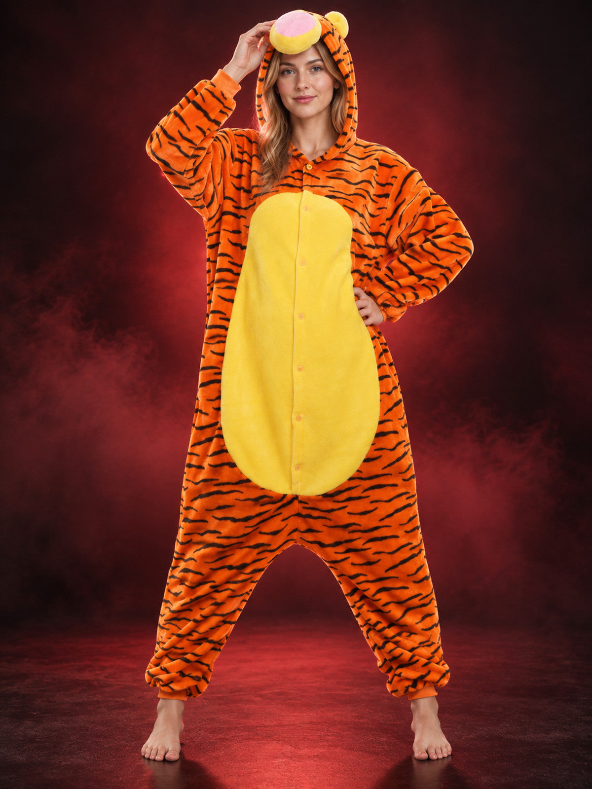 Orange hooded one-piece pajama with stripes