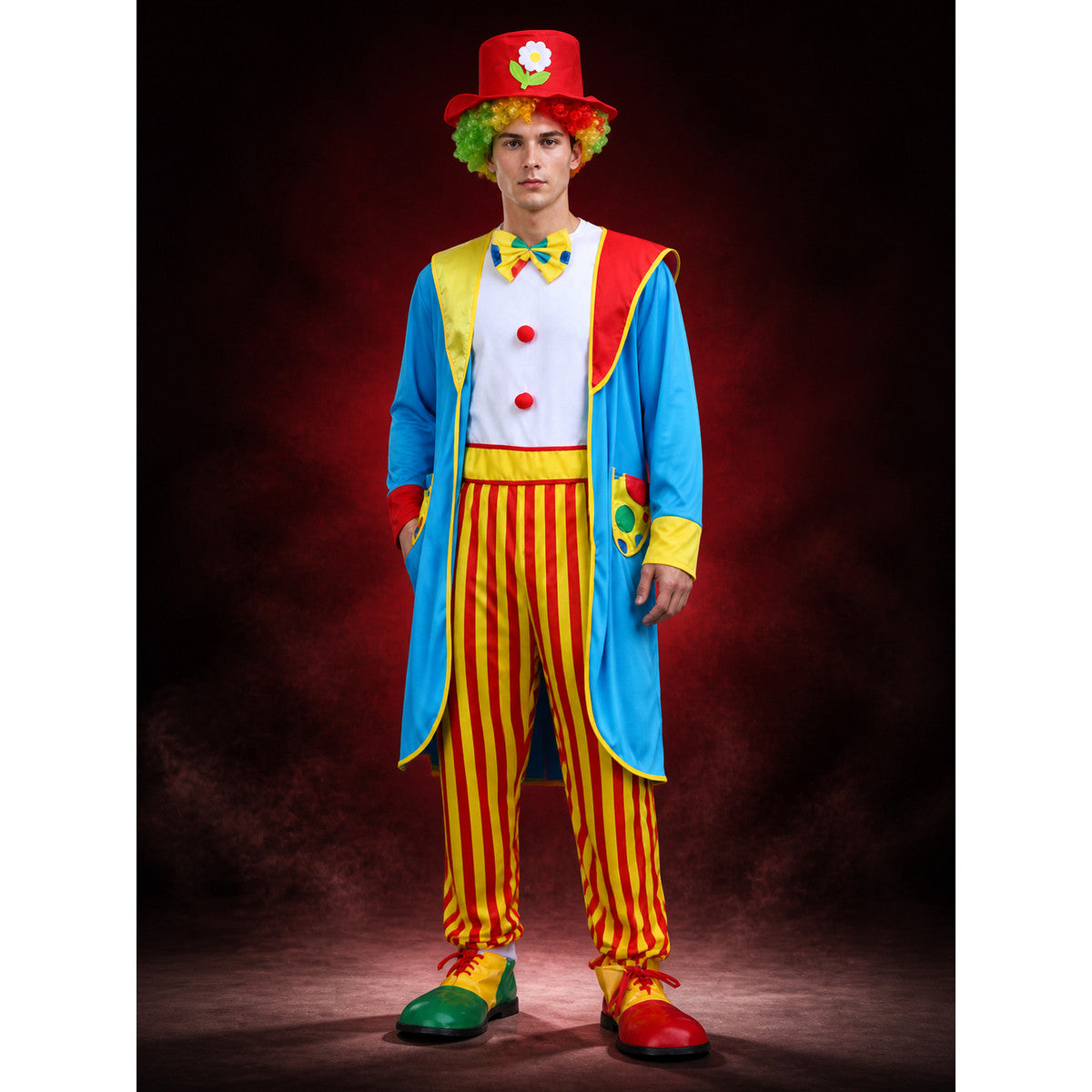 Unisex Clown Costume Set with Red Yellow Striped Jumpsuit, Blue Coat, Hat, Bow main product view