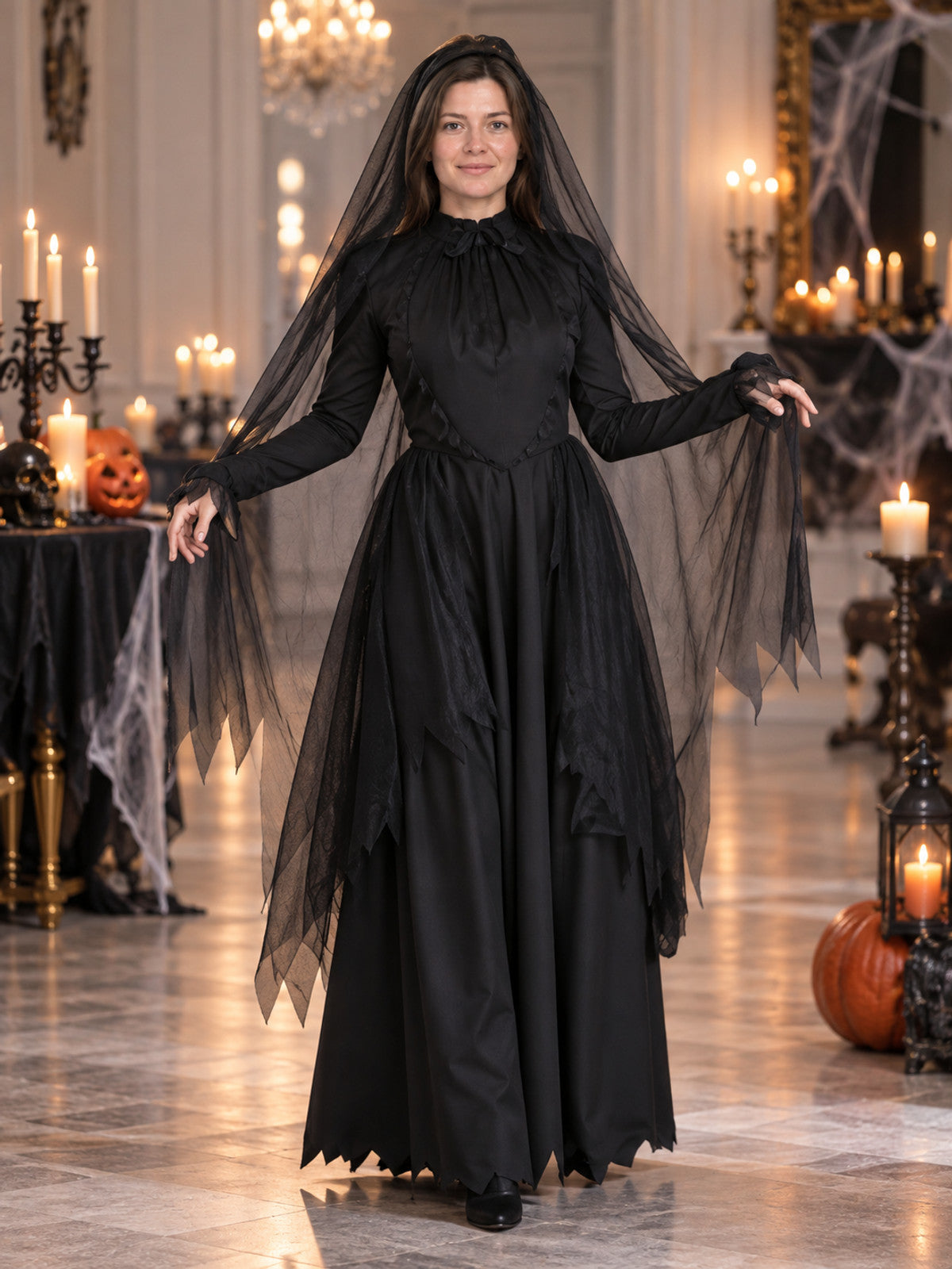 Black Witch Costume with Veil and Headpiece