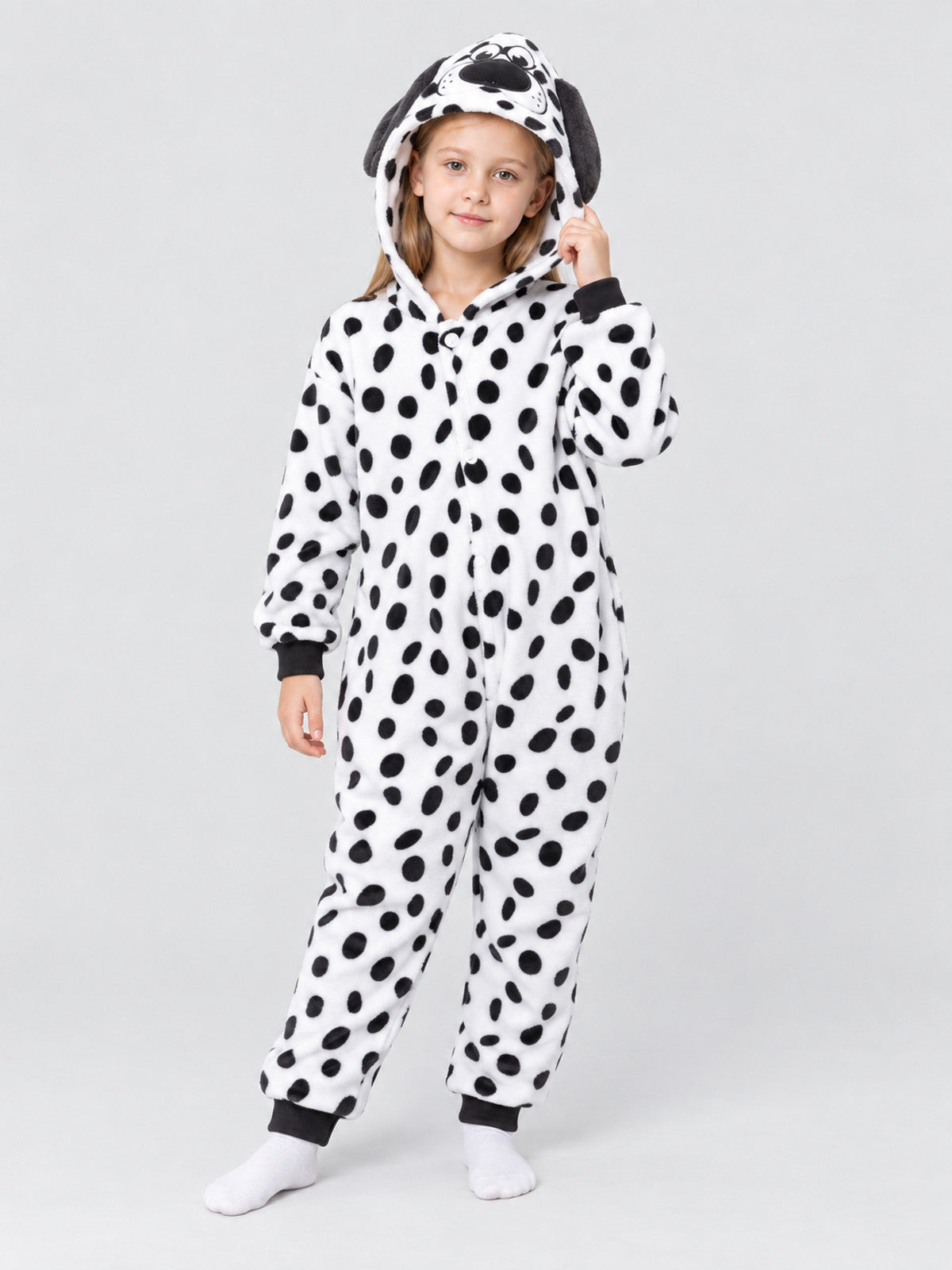 White Fleece Pajama Jumpsuit with Black Spots
