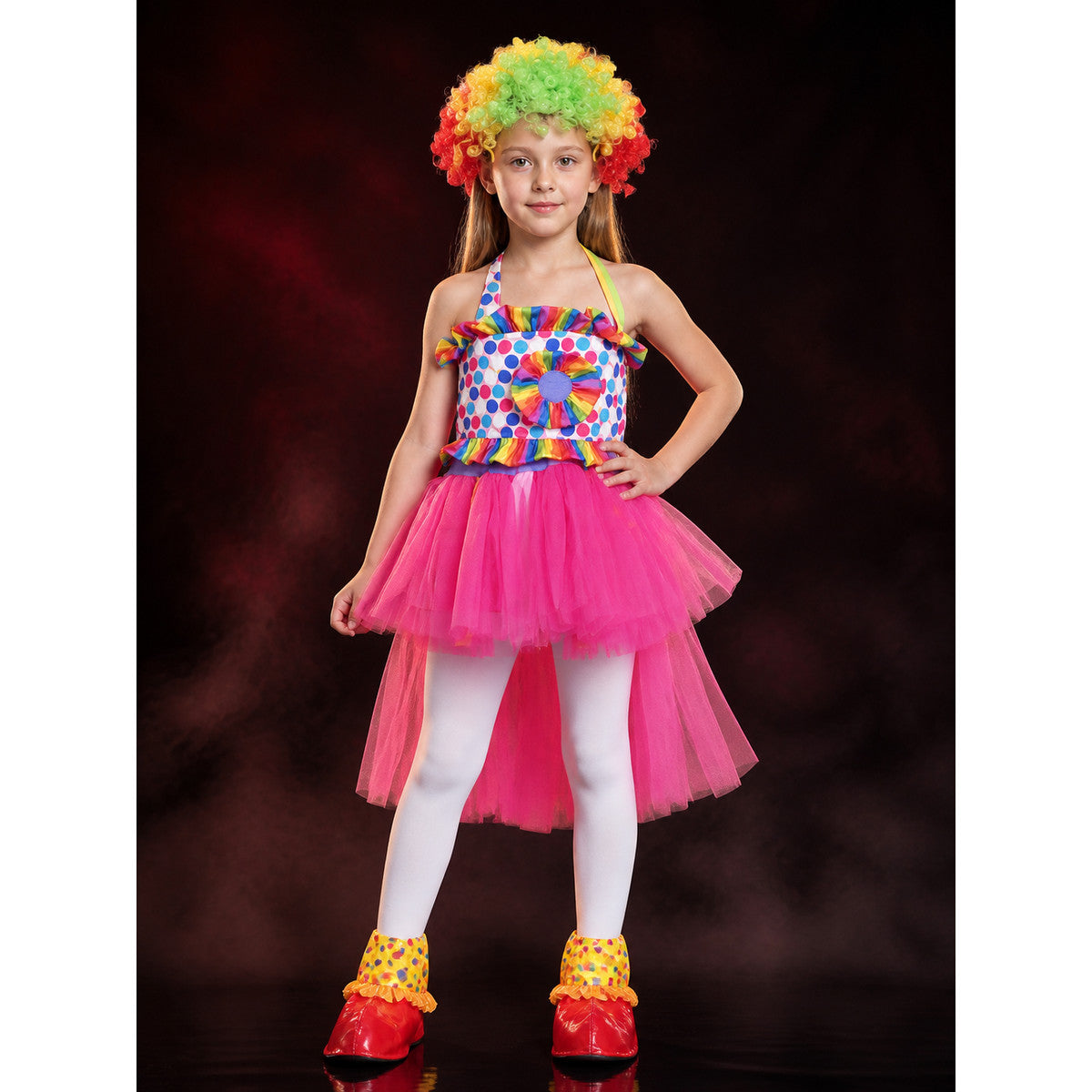 Kids' Clown Circus Costume with Polka Dot Top and Pink Tulle Skirt main product view