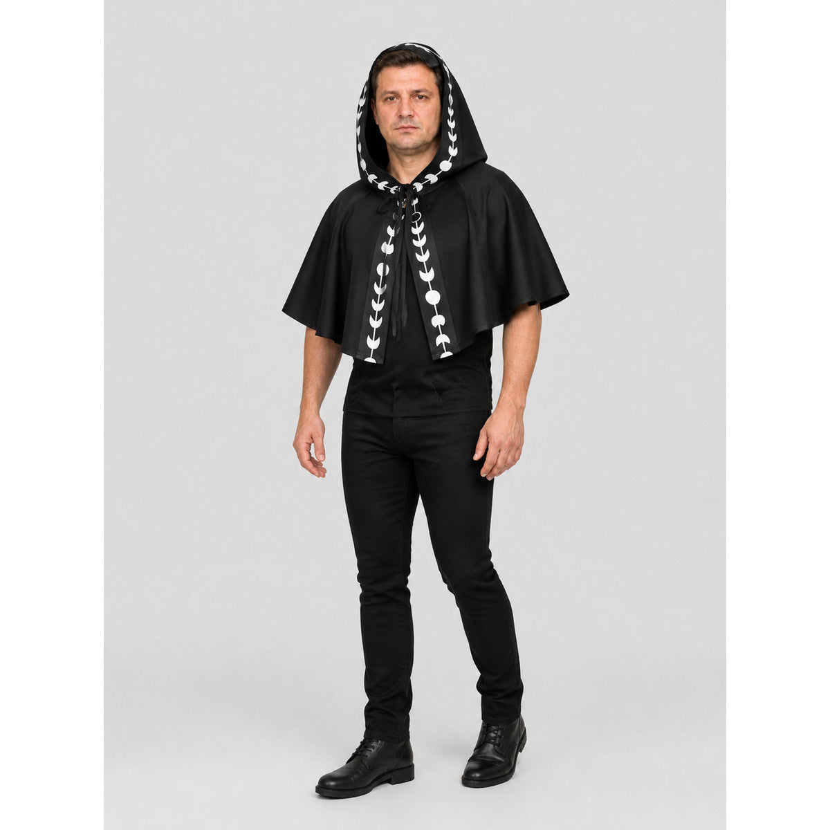 Black and White Hooded Cape with Moon Phases for Halloween Costume Capes detail