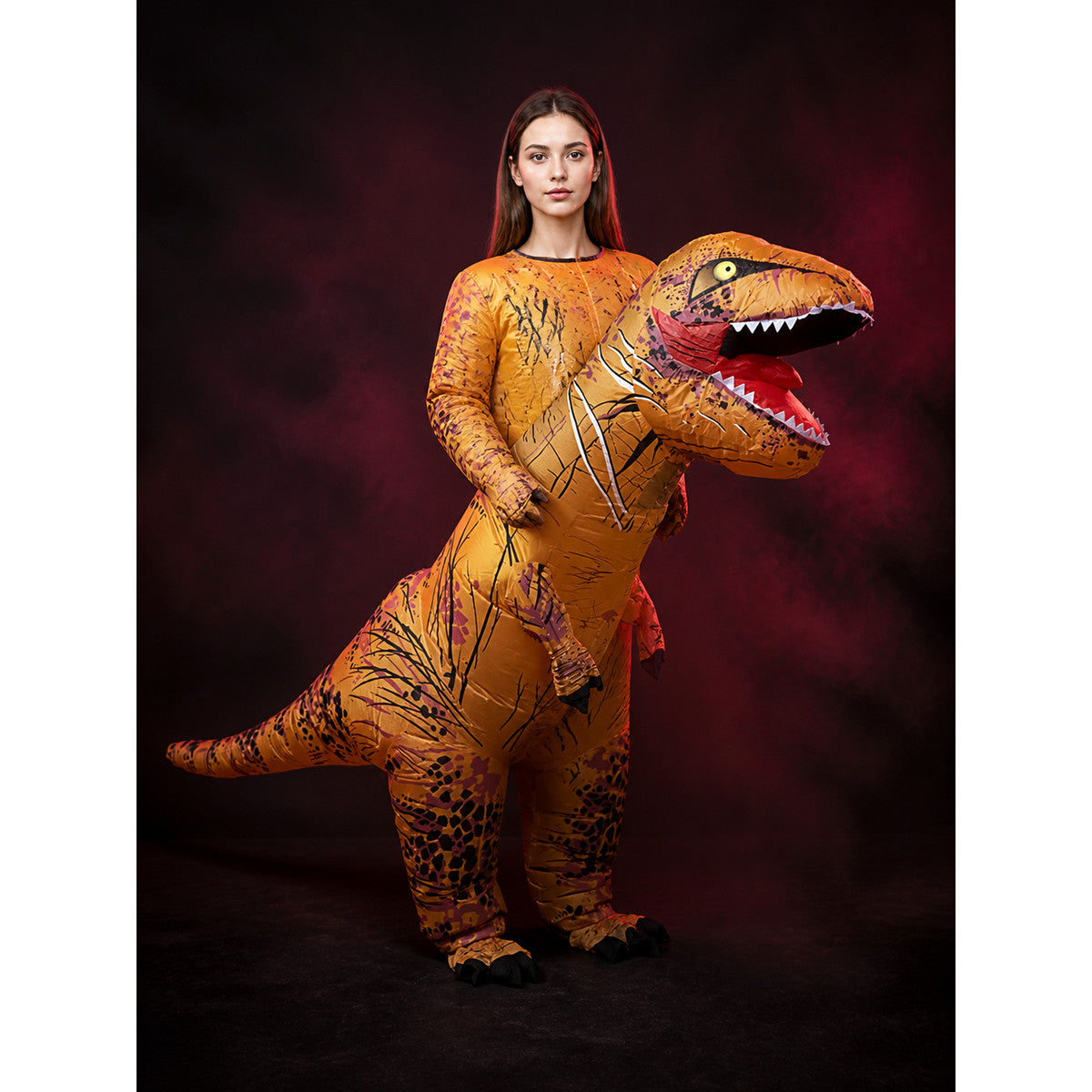 Adult T-Rex Dinosaur Costume, Orange Brown Spotted Bodysuit for Halloween main product view