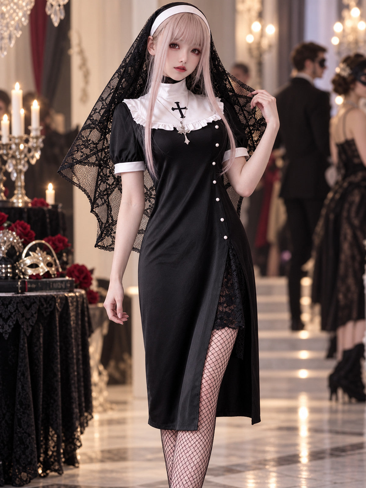 Black Carnival Dress with Cross and Veil Cape