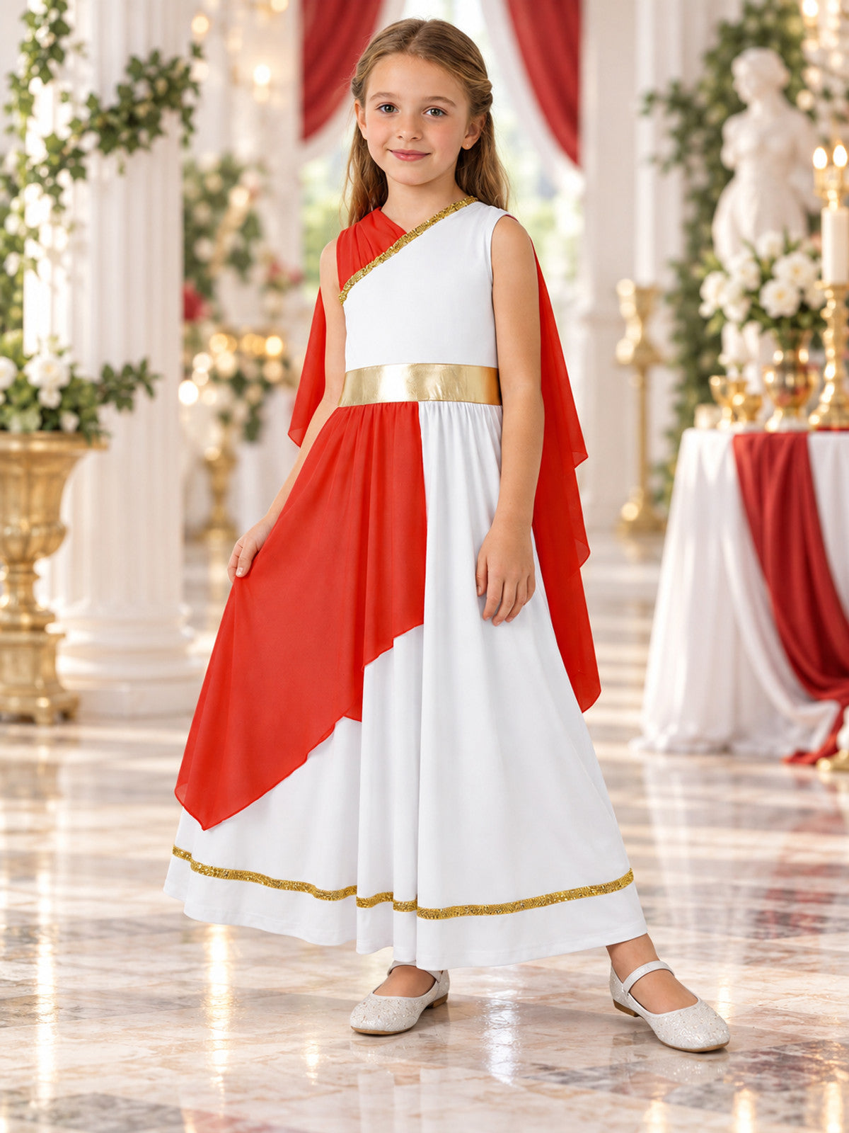 Carnival dress with a red cape and gold trim