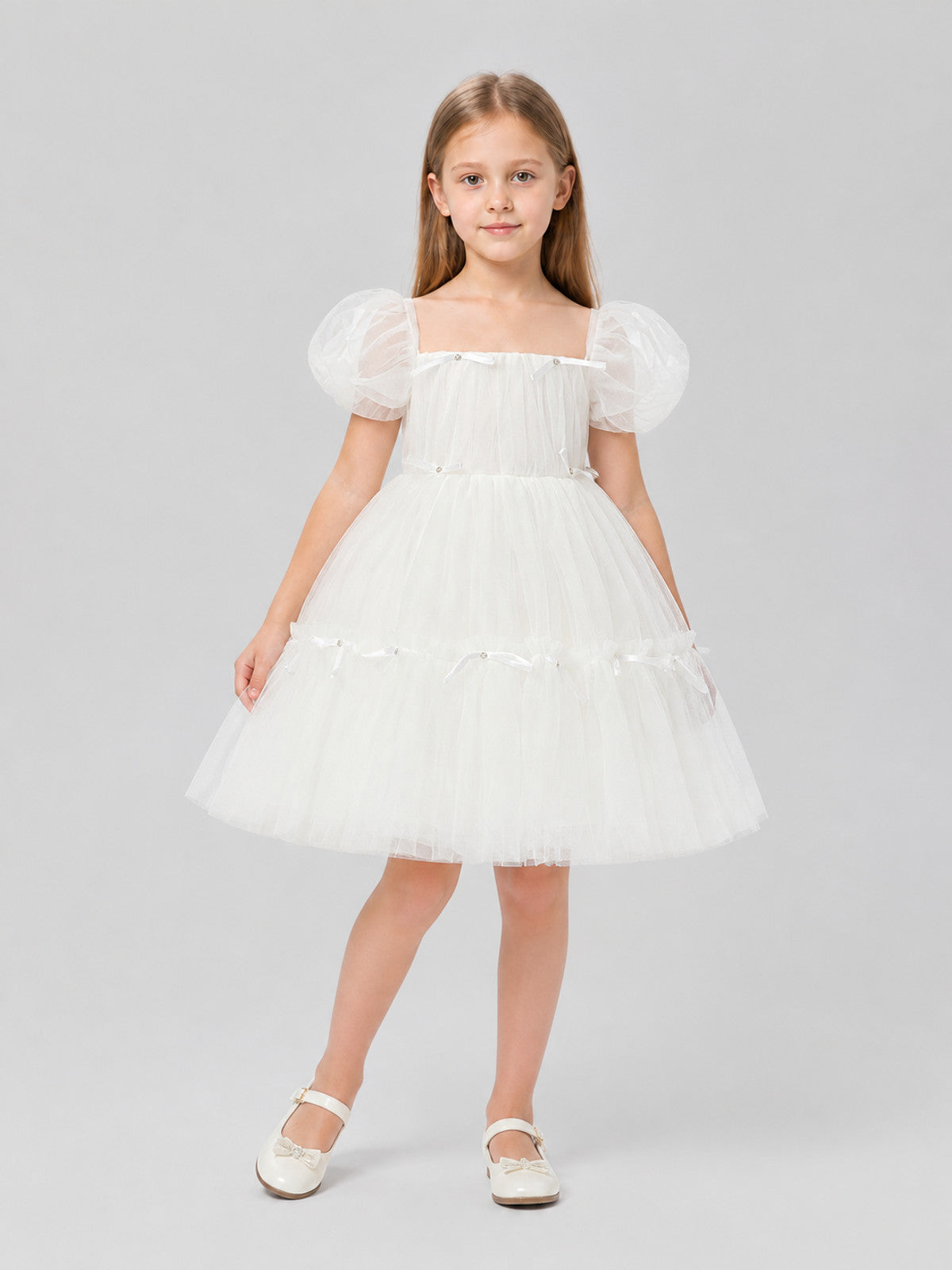 White Princess Dress with a Full Skirt and Bows Costume Dresses detail