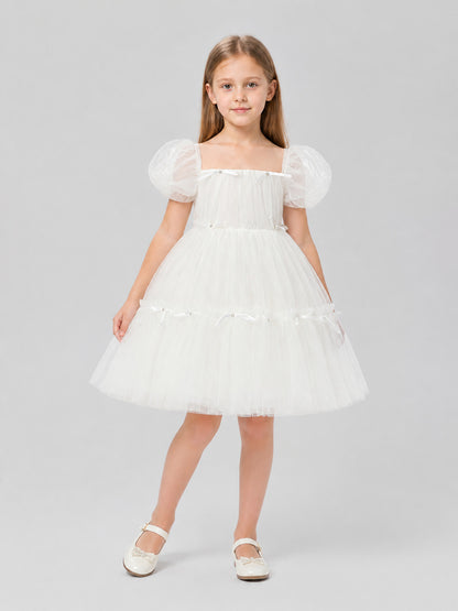 White Princess Dress with a Full Skirt and Bows Costume Dresses detail