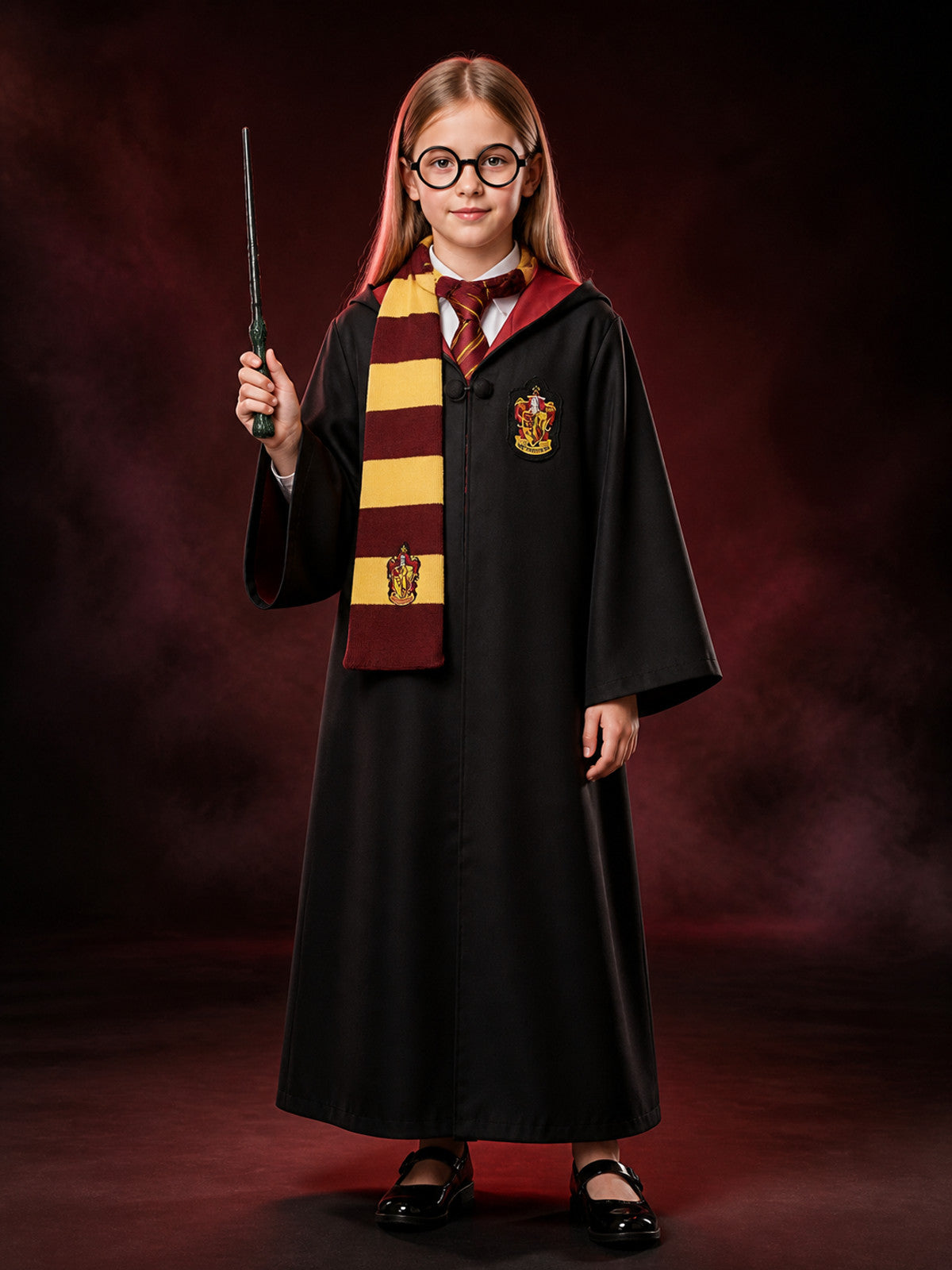 Hooded Black Wizard Robe Costume Set With Scarf, Tie, Wand And Glasses