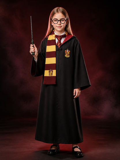 Hooded Black Wizard Robe Costume Set With Scarf, Tie, Wand And Glasses