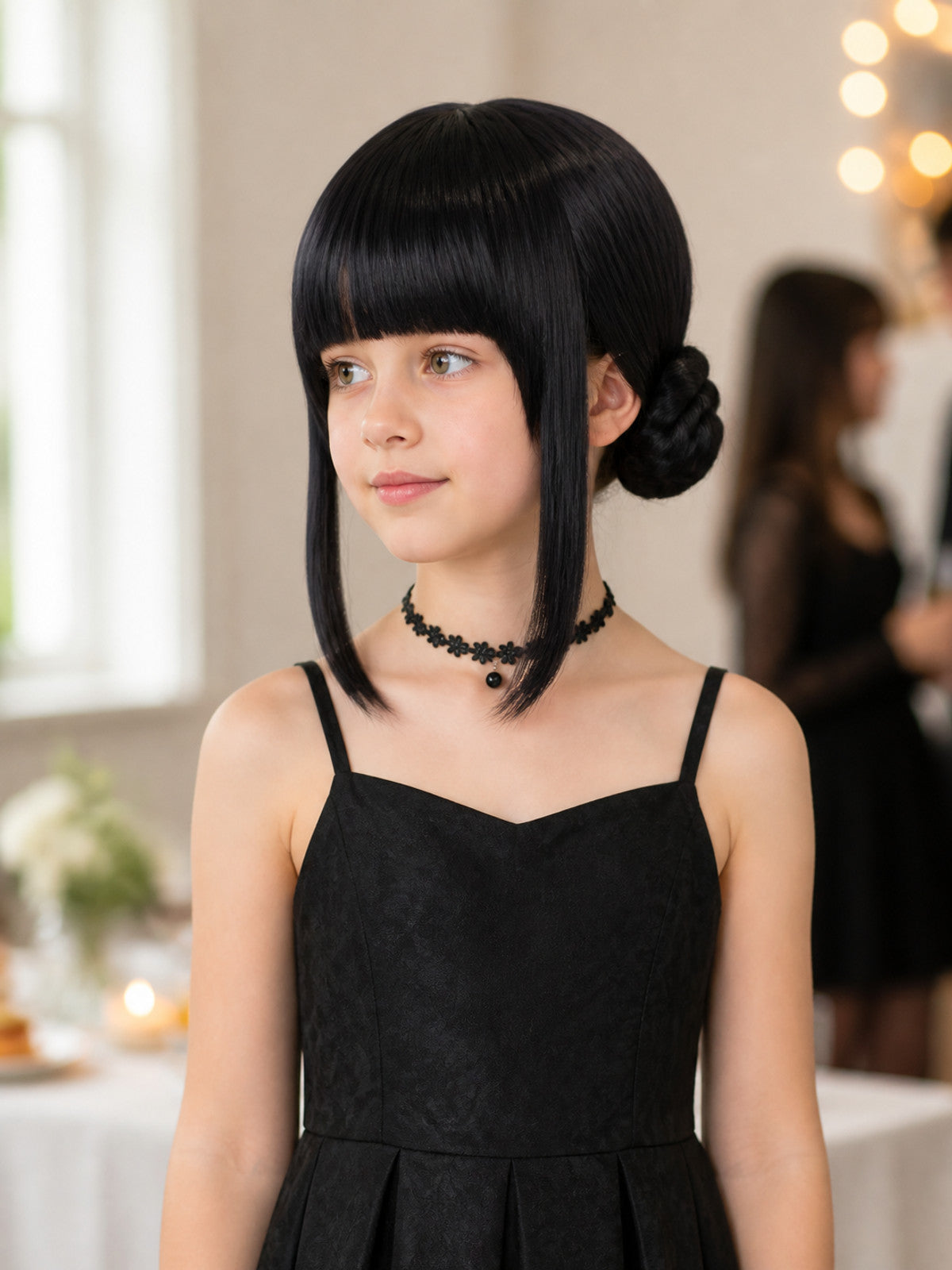 Black Carnival Wig with Buns for Halloween and Cosplay lifestyle view
