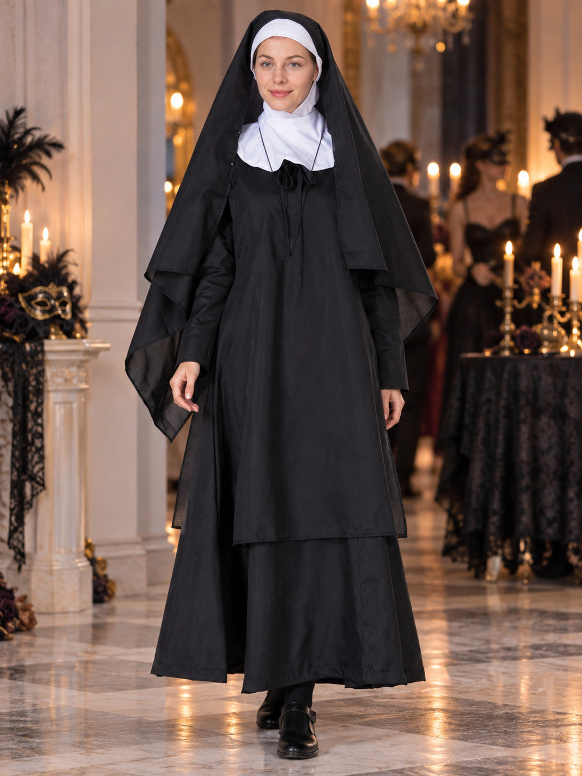 Long black and white costume with headpiece and veil