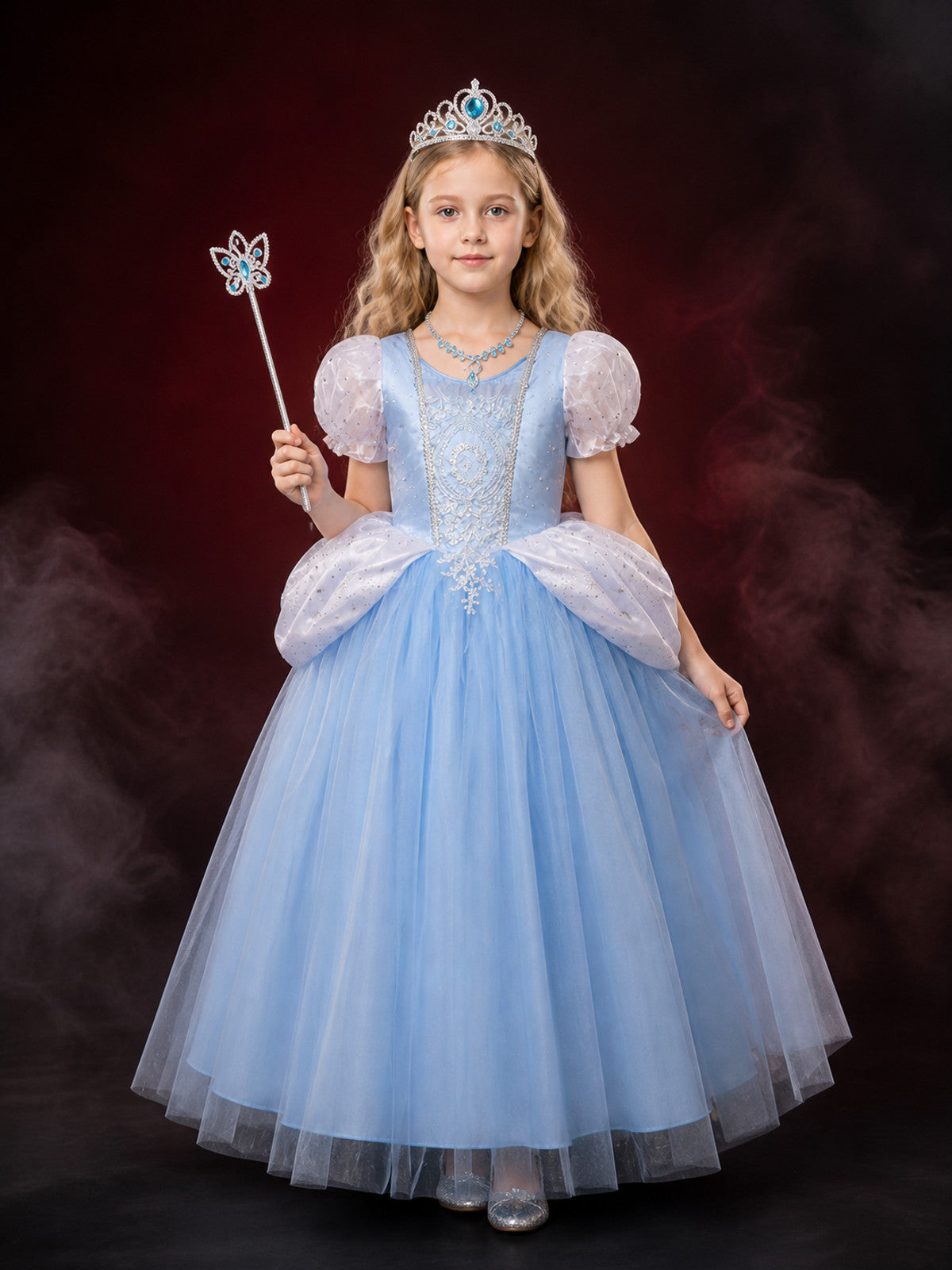 Girls Cinderella Princess Dress Costume Set, Light Blue Ball Gown with Tiara main product view