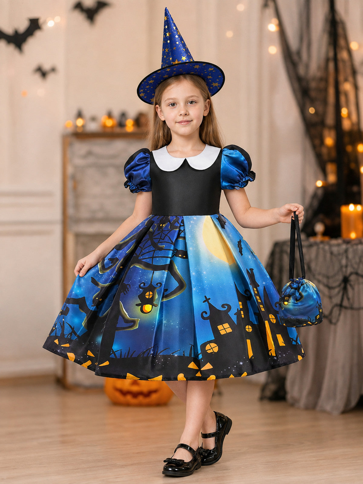 Children's Halloween costume dress with hat and handbag lifestyle view