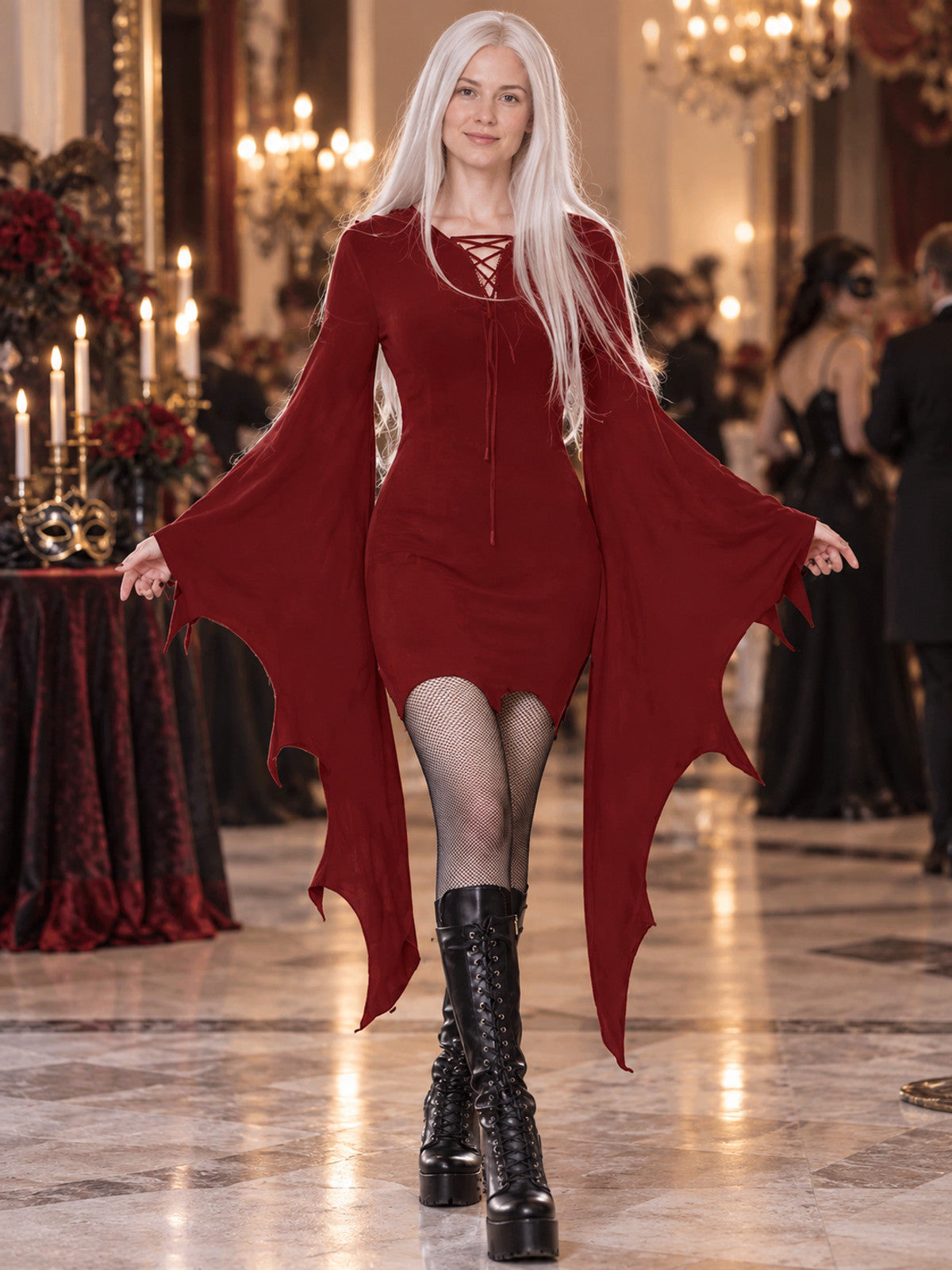 Red Vampire Short Dress with Wing Sleeves