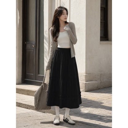 Long Black A-Line Skirt with Tiered Pleats product detail