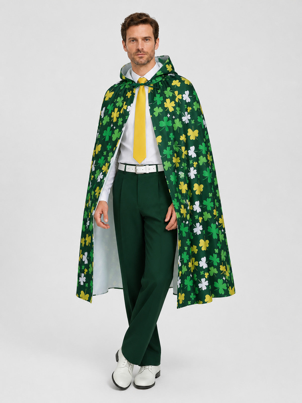 Festive Hooded Cape Cloak with Clover Print Costume Capes detail